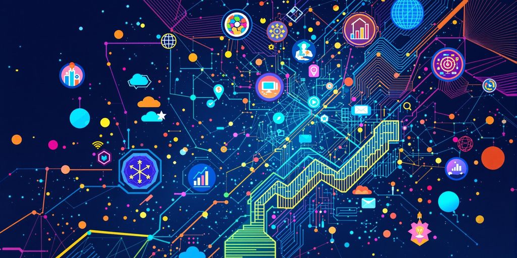 Colorful abstract patterns depicting market growth and connectivity.