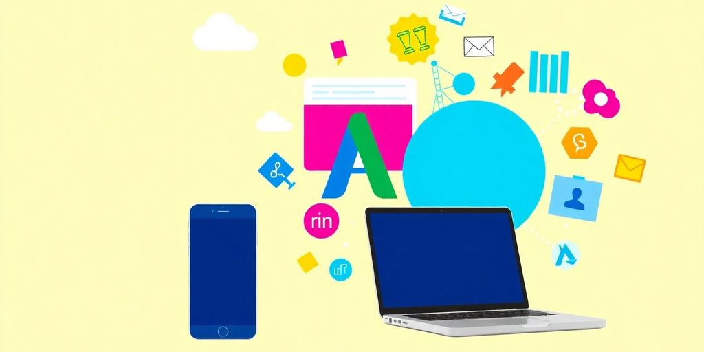 Colorful digital marketing elements with laptop and smartphone.