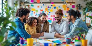 Diverse professionals collaborating in a creative workspace.