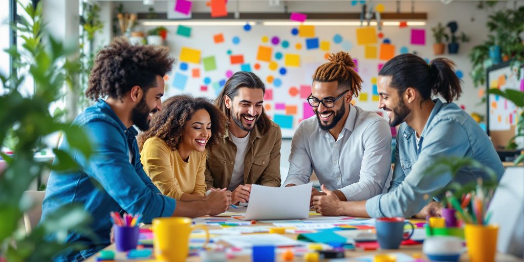 Diverse professionals collaborating in a creative workspace.