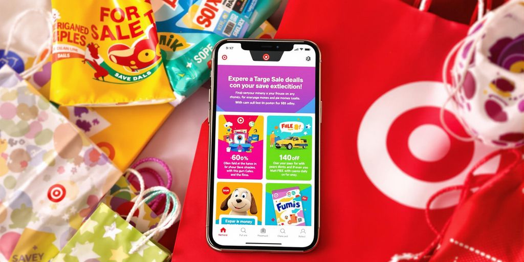 Smartphone with Target Sale app and shopping bags.