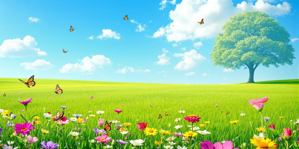 Lush green field with blooming wildflowers under a blue sky.