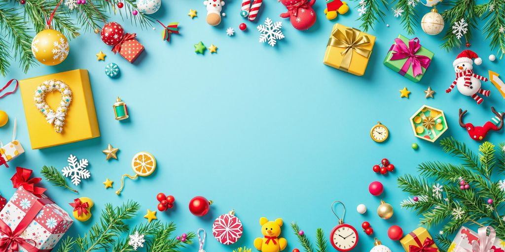 Colorful seasonal display with promotional items and decorations.