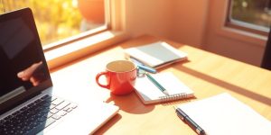 Workspace with laptop, notepad, and coffee cup.