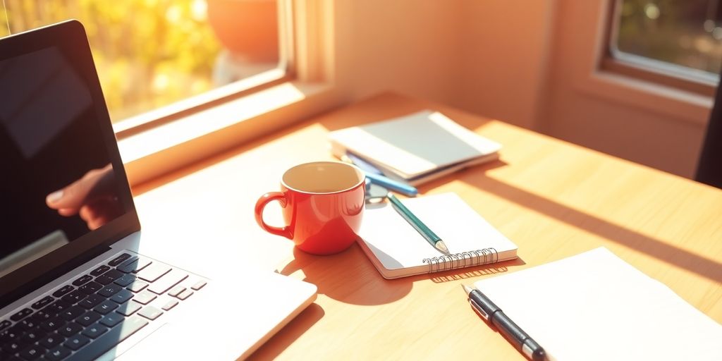 Workspace with laptop, notepad, and coffee cup.