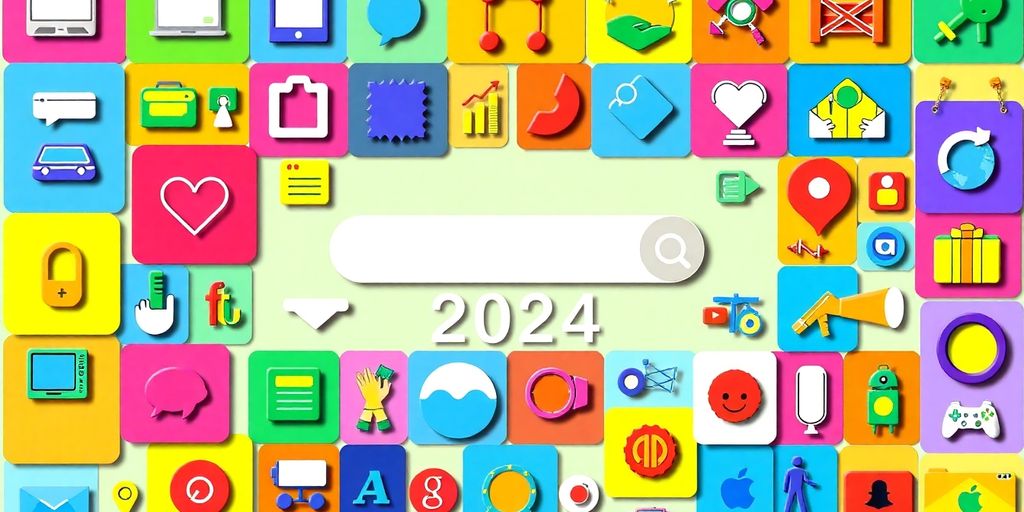 Collage of icons representing popular search topics in 2024.