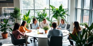 Modern office with diverse team collaborating in a bright space.
