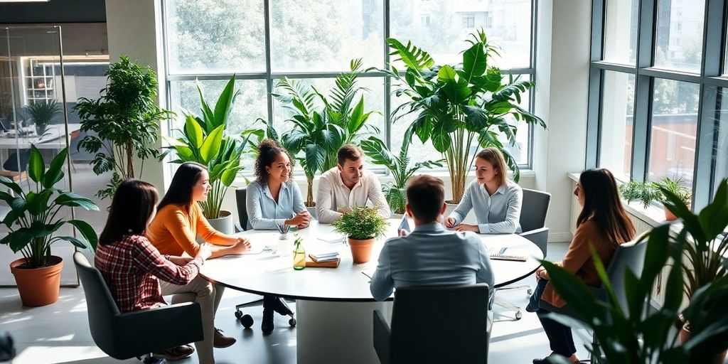 Modern office with diverse team collaborating in a bright space.