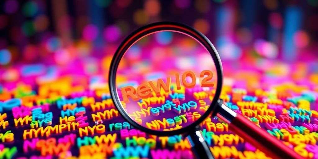Colorful keywords on a bright digital background.