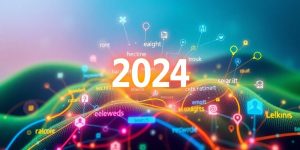 Colorful digital landscape with keywords and search icons.