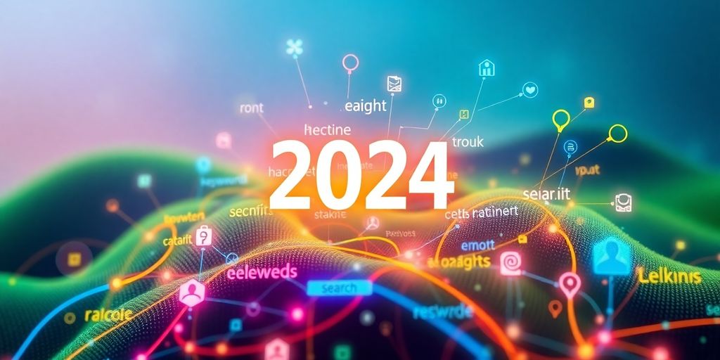 Colorful digital landscape with keywords and search icons.