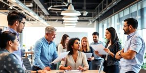 Diverse professionals collaborating in a modern office setting.