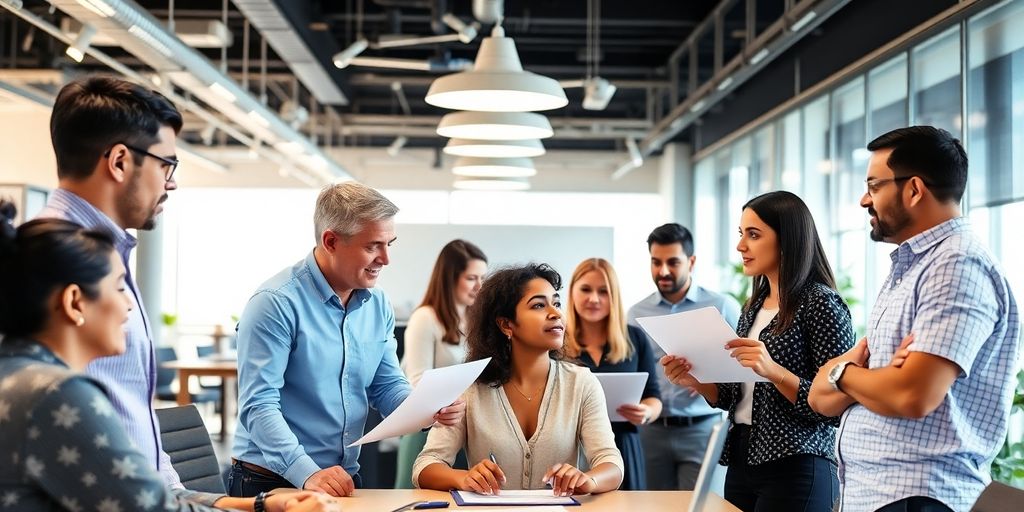 Diverse professionals collaborating in a modern office setting.