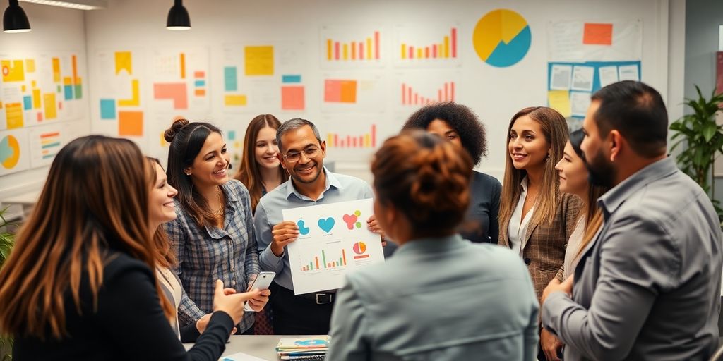 Diverse professionals brainstorming in a creative office setting.