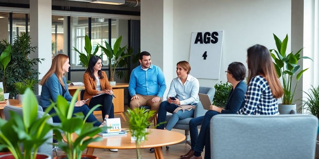 Diverse team collaborating in a modern office environment.