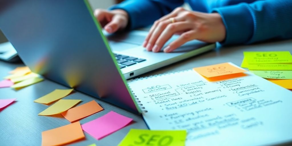 Person working on laptop in a creative workspace.
