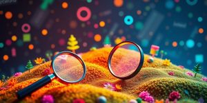 Digital landscape with magnifying glasses and keywords.