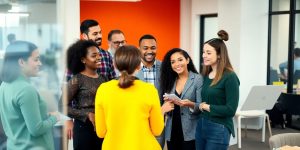 Group of professionals brainstorming in a modern office.