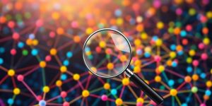 Colorful digital landscape with magnifying glass and nodes.
