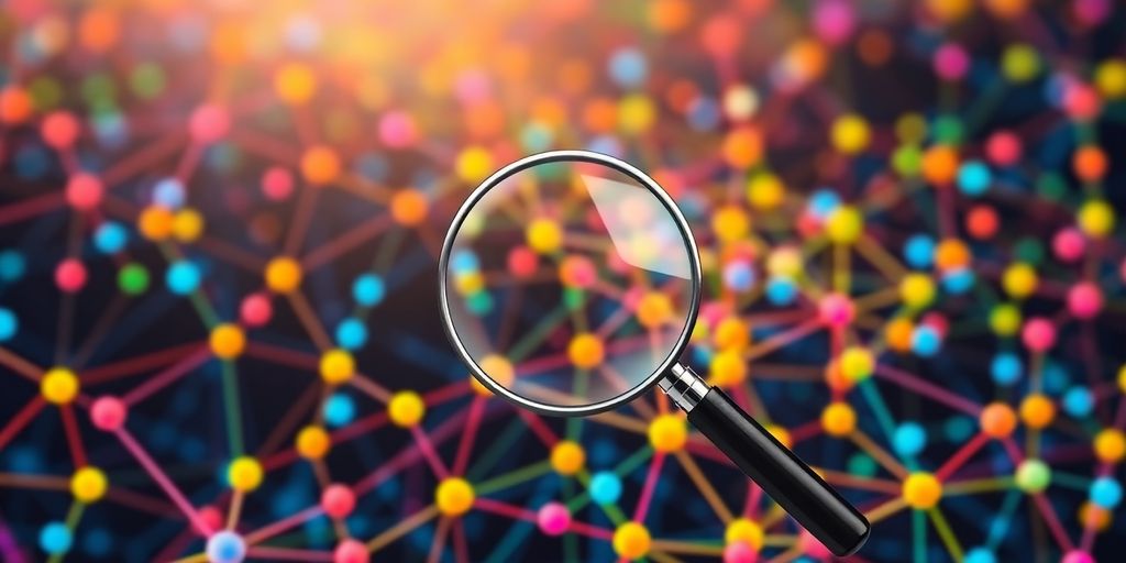 Colorful digital landscape with magnifying glass and nodes.