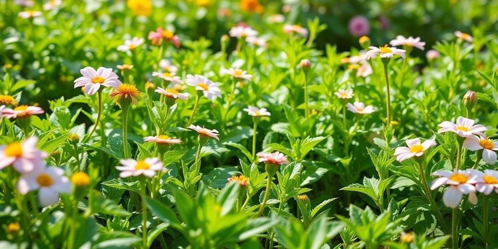 Lush green landscape with blooming flowers and healthy plants.
