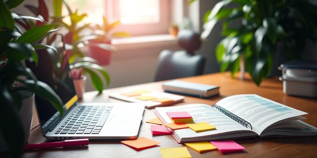 Workspace with laptop, notebook, and colorful sticky notes.