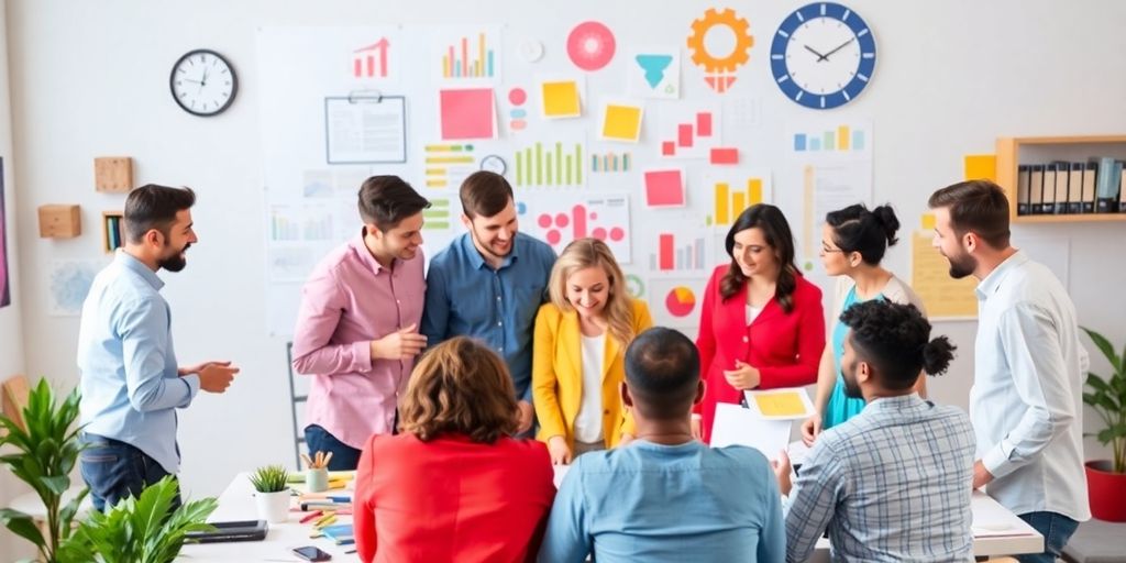 Diverse team collaborating in a creative marketing workspace.