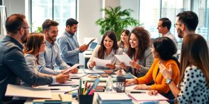 Diverse business professionals collaborating in a modern office.