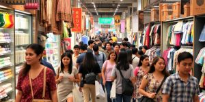 Diverse shoppers enjoying a colorful shopping experience.
