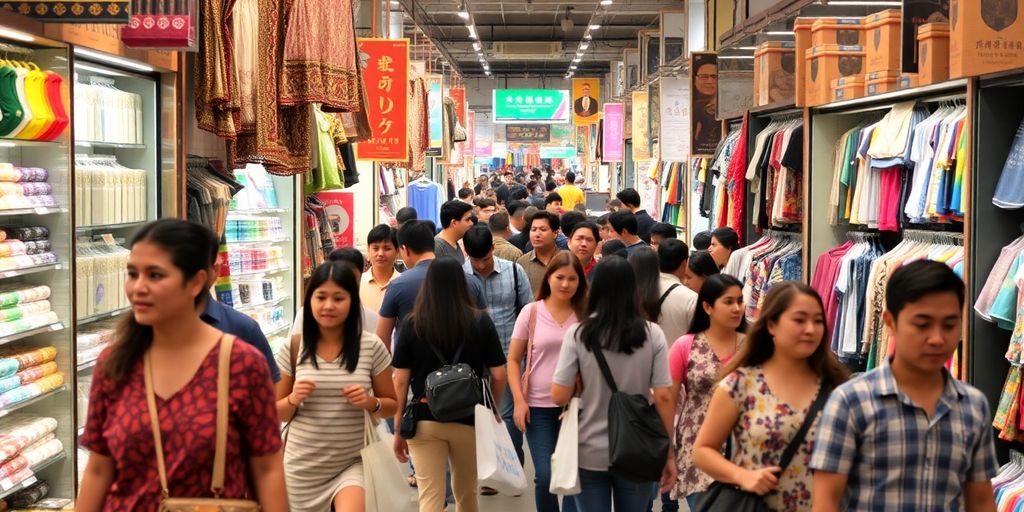 Diverse shoppers enjoying a colorful shopping experience.