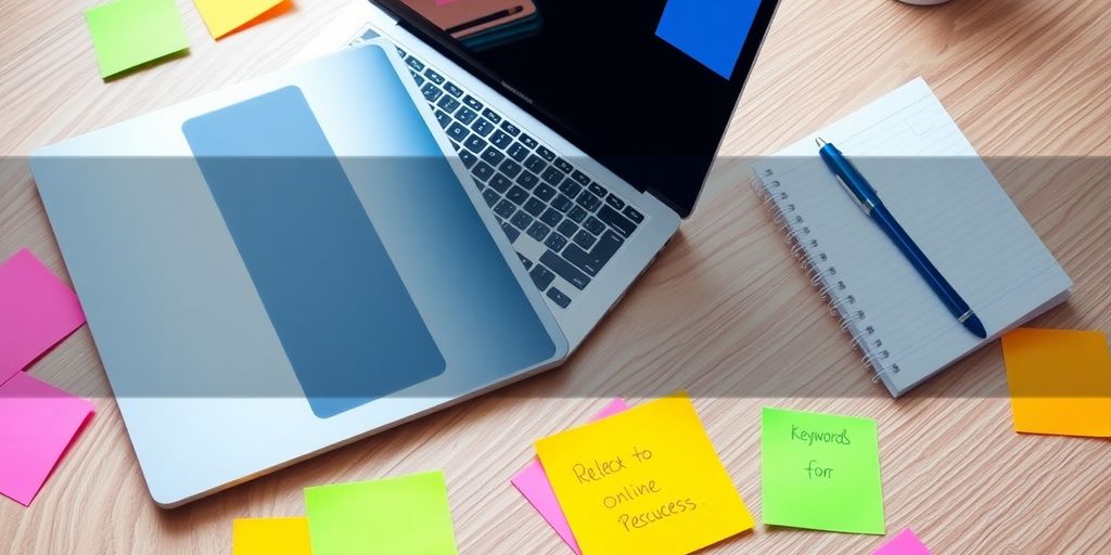 Laptop with sticky notes for keyword planning.