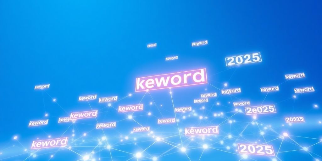 Digital landscape with floating keywords in blue sky.