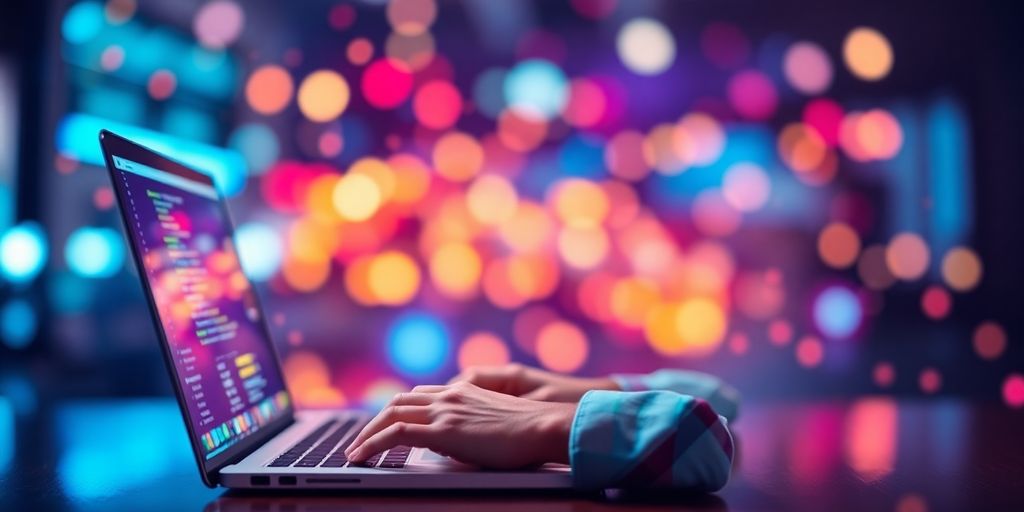 Person using a laptop in a vibrant, dynamic environment.