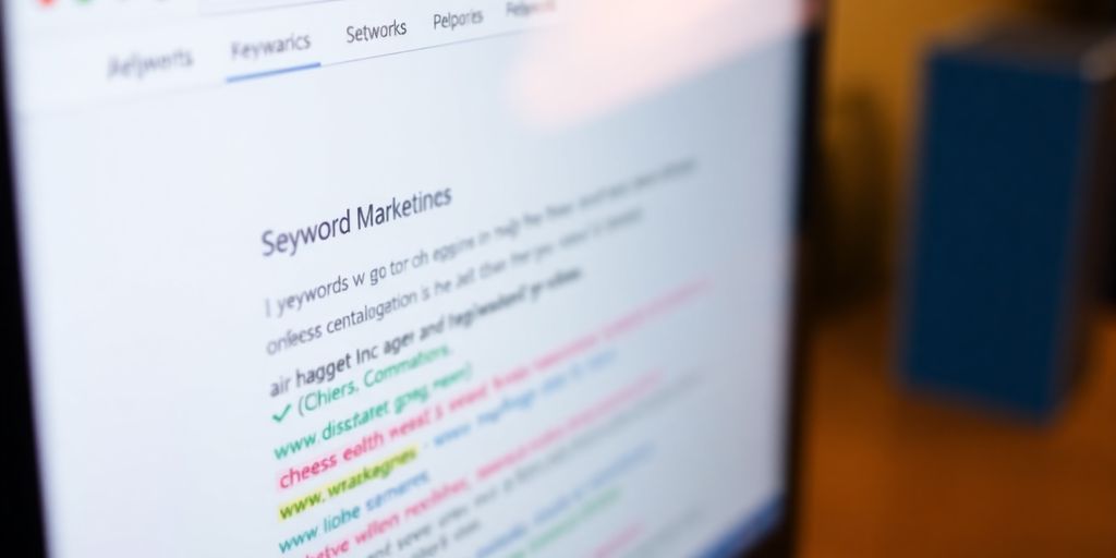 Computer screen with highlighted keywords for digital marketing.
