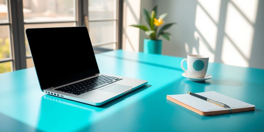 Modern workspace with laptop, coffee, and notepad.