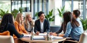 Diverse employees collaborating in a bright, modern office.