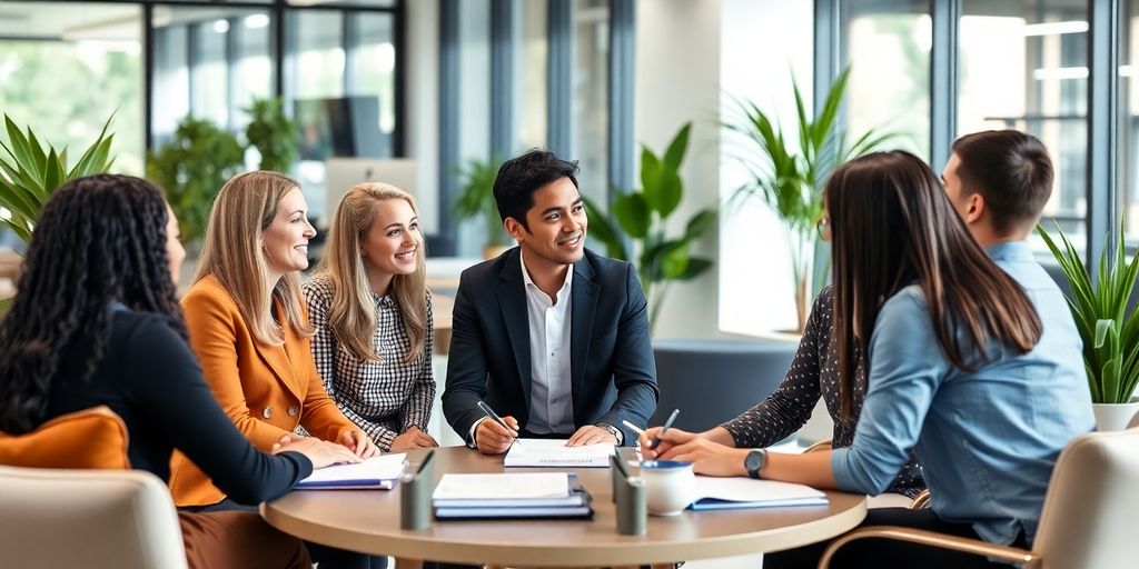 Diverse employees collaborating in a bright, modern office.