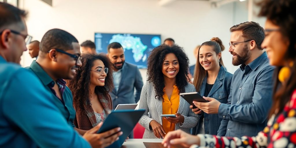 Diverse individuals engaging in conversations with technology.