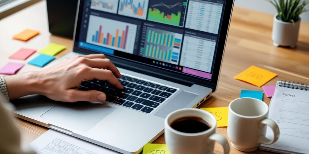 Person working on SEO strategies with laptop and notes.