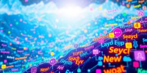 Colorful keywords and search icons in a digital landscape.