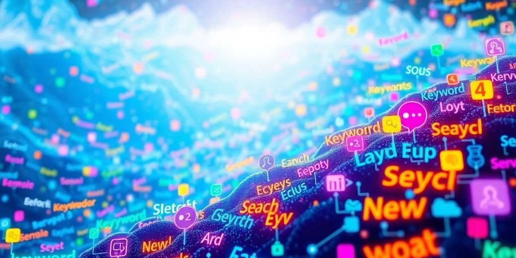 Colorful keywords and search icons in a digital landscape.