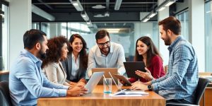 Managers collaborating in a modern office setting.