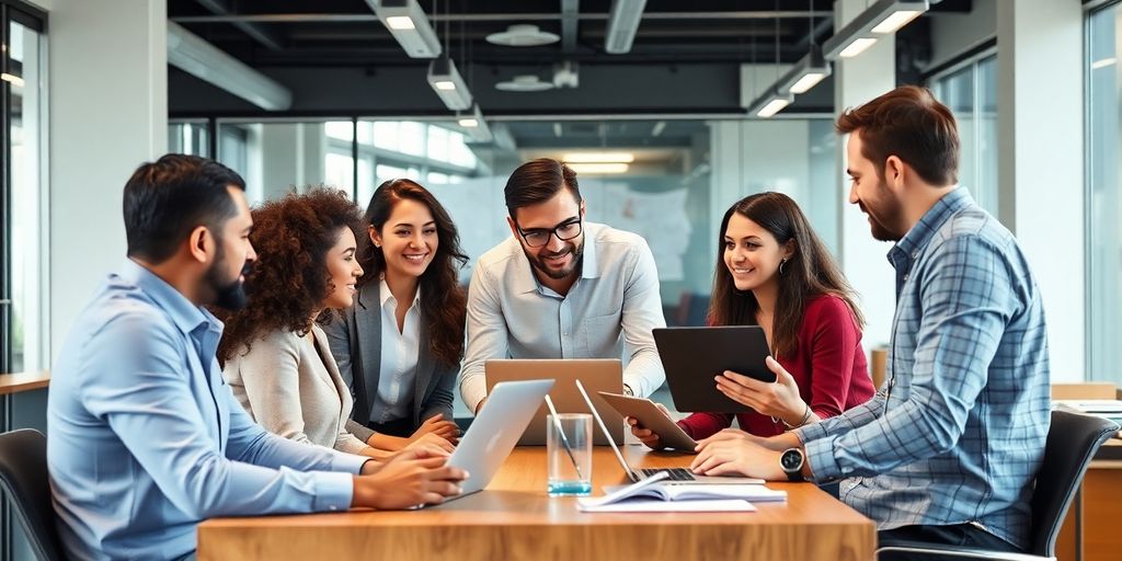 Managers collaborating in a modern office setting.