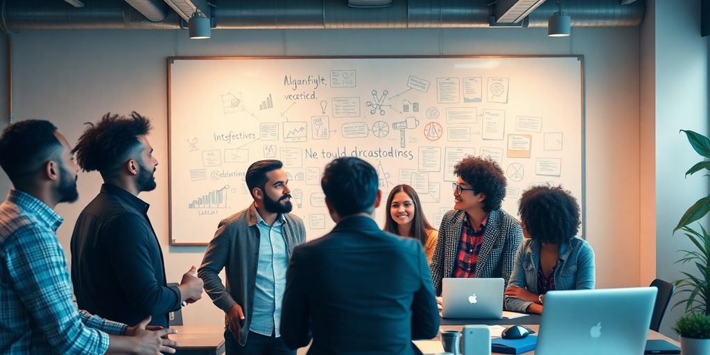 Diverse entrepreneurs collaborating in a modern office setting.
