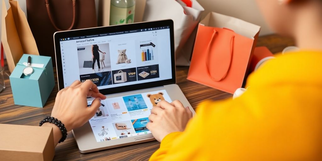 Person using a laptop with retail items around them.