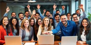 Diverse entrepreneurs celebrating success in an office setting.