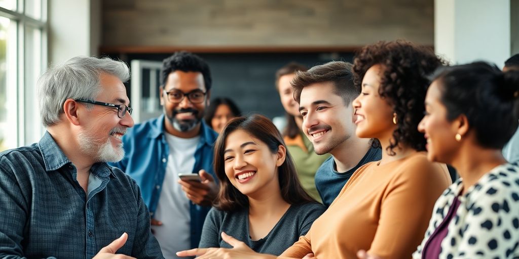 Diverse group of people having a conversation outdoors.
