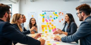 Professionals brainstorming in a vibrant workspace.