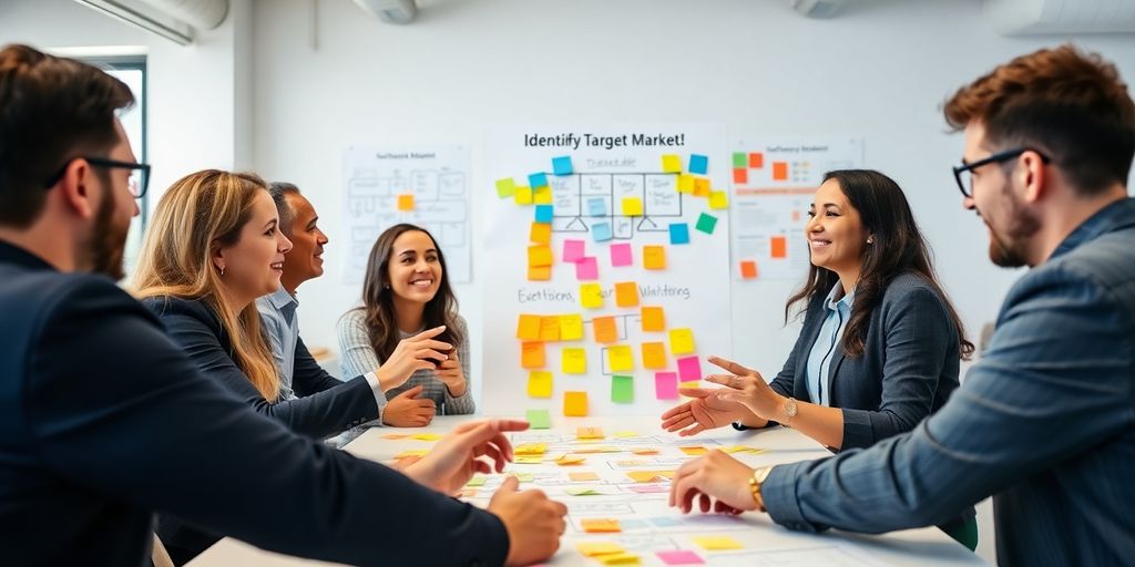 Professionals brainstorming in a vibrant workspace.