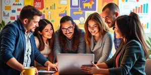 Diverse team collaborating on digital marketing strategies with laptop.